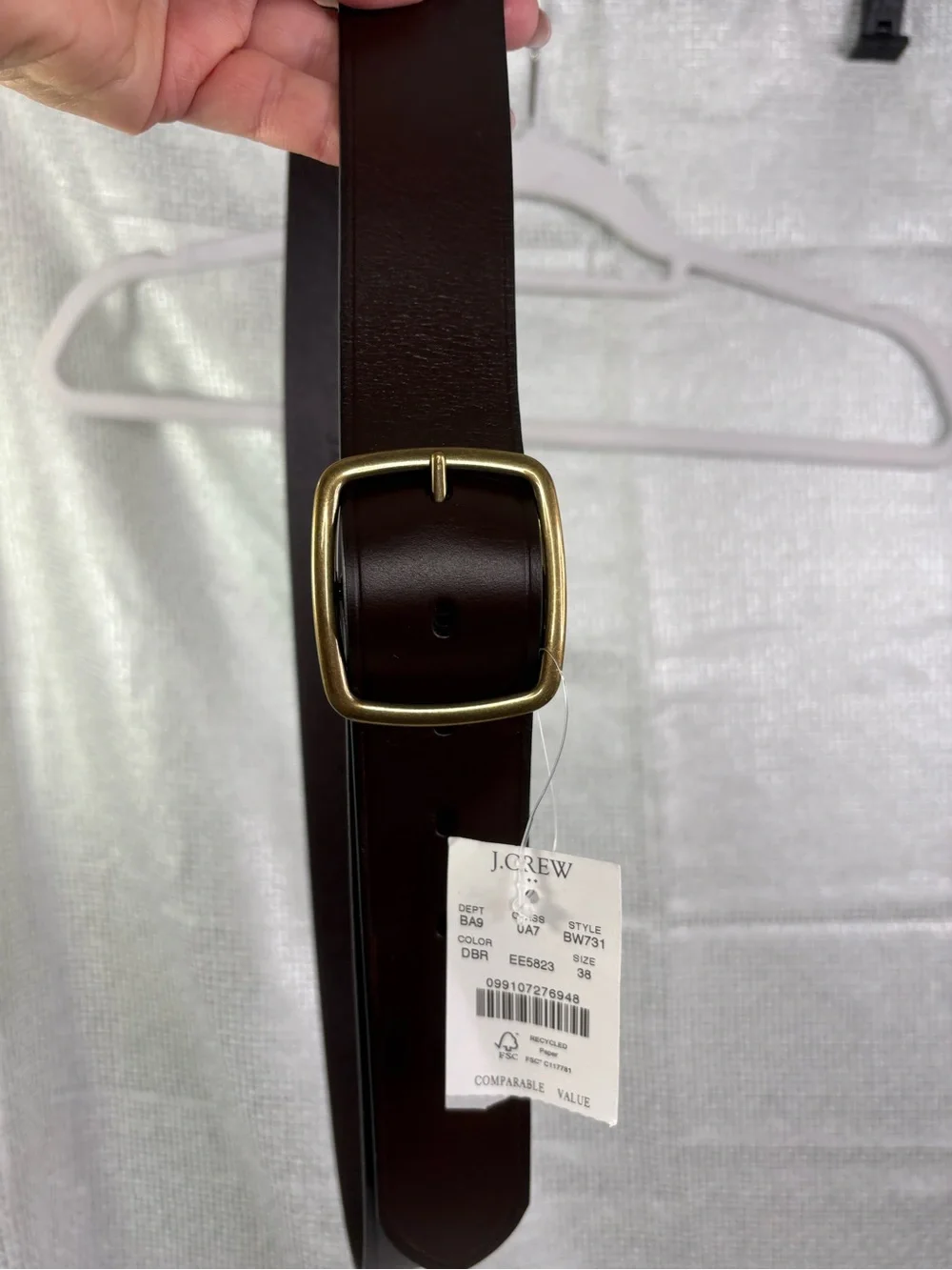 J. Crew Men's Dark Brown Leather Belt with Brass Buckle NWT. Size 38